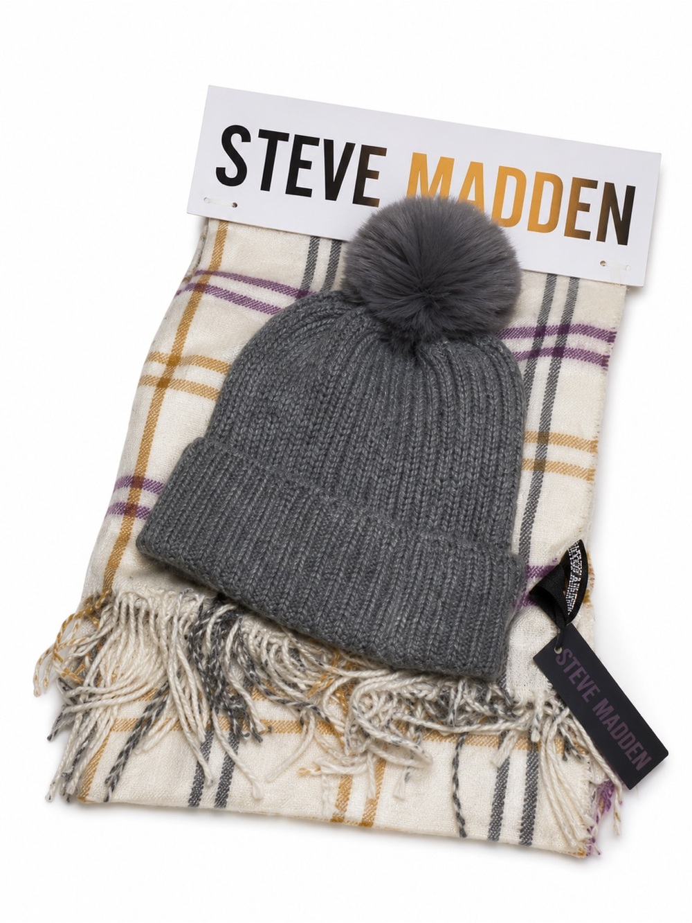 Steve Madden Knit Hat & Scarf Set | Gray Purple Camel Striped Winter NWT
